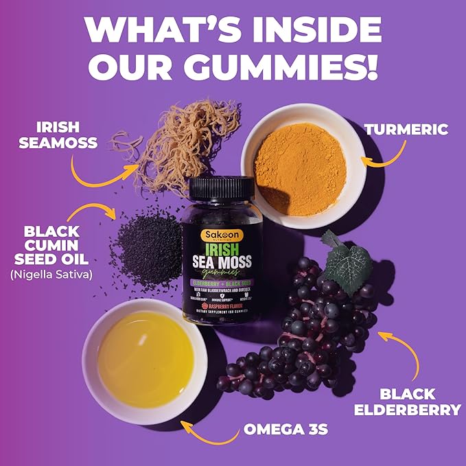 Irish Sea Moss Gummies with Elderberry & Black Seed Oil - Overall Wellness Support | Rich in Vitamins, Raspberry Flavor | 60 Gummies
