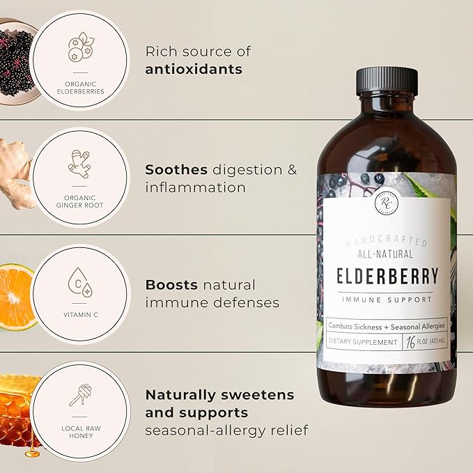 Rowe Casa Organics Elderberry Immune Support with Antioxidants, Zinc, and Vitamin C for Kids and Adults, Organic Elderberry Syrup for Immune Support, 16 Fl Oz