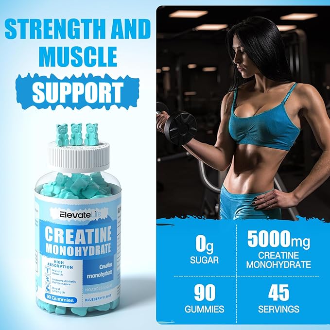 ElevateLife Creatine Monohydrate Gummies 5000mg for Men & Women, Chewables Creatine Monohydrate for Muscle Strength, Muscle Builder, Energy Boost, Pre-Workout Supplement-180 Blueberry Gummies
