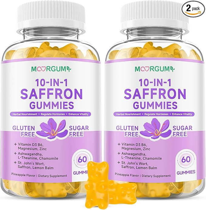 Saffron Gummies for Adult Kids, 10-IN-1 Regulate Cortisol Supplement with Saffron 88.5mg, Vitamin D3, B6, Magnesium, Zinc, Ashwagandha, L-Theanine, St. John's Wort, For Emotions, Slumber, 120 Count