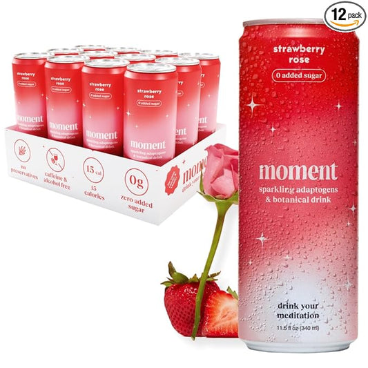 Moment Botanical Soda Soft Drink (Shark Tank) - SPARKLING Drinks | Strawberry Rose | L-Theanine & Ashwagandha for Calm & Clarity | 0 Added Sugar 0 Caffeine | 12-pack