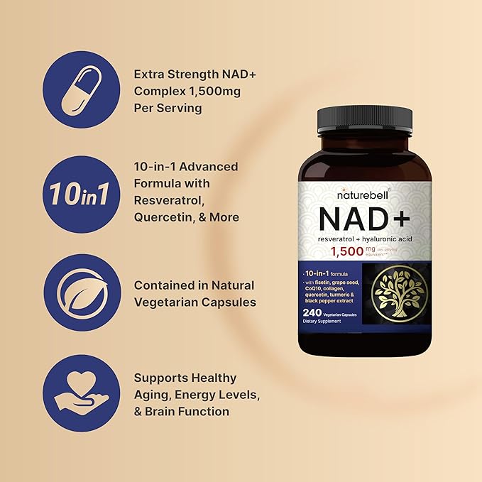 NatureBell NAD+ 1,500mg Per Serving, 240 Veggie Capsules | NMN Supplement Alternative | 10-in-1 Complex with Resveratrol Plus Hyaluronic Acid, Quercetin, Fisetin, Collagen, & More – Non-GMO