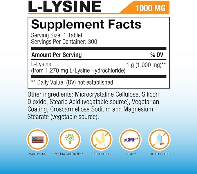 Puregen Labs L-Lysine Extra Strength 1000 MG per Tablet - 300 Servings | High Potency, Immune and Collagen Synthesis Support, Non-GMO, NO Gluten and Dairy - 300 Tablets Made in USA