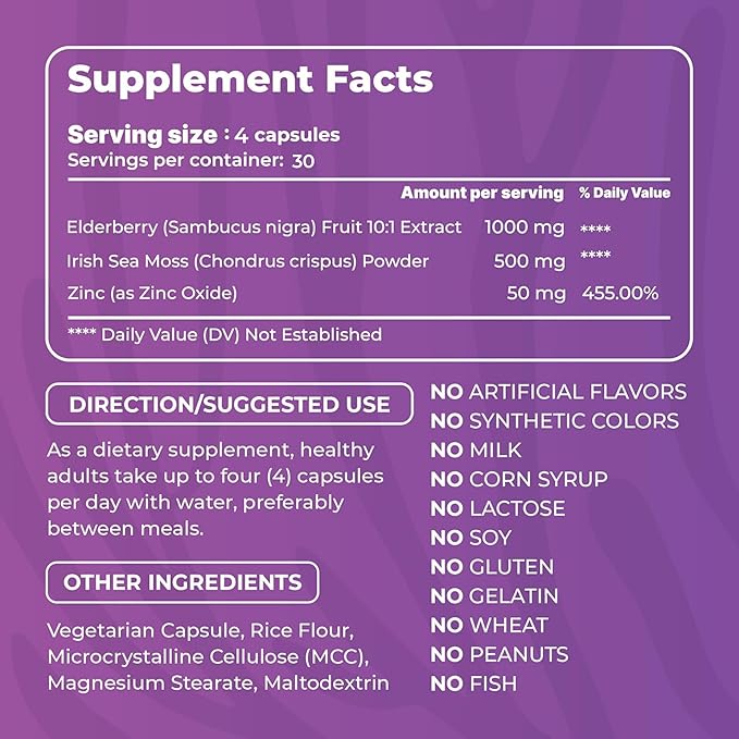 Irish Sea Moss Capsules - 120 Elderberry Capsules (1600mg) - Prebiotic Superfood - Boosts The Immune & Digestive System - Healthy Skin, Keto Detox, Gut, Joint Support