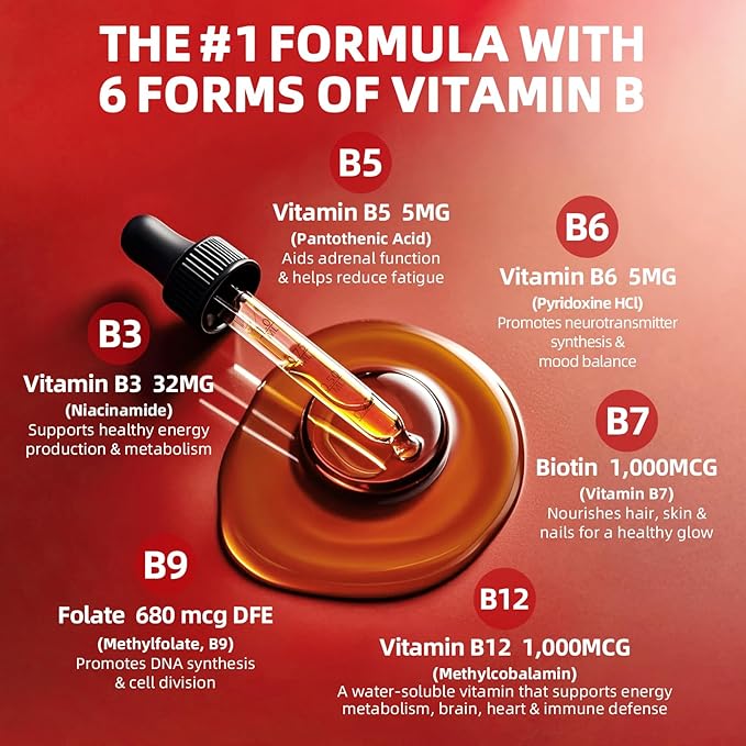 Super B Complex Liquid | B12 Methylcobalamin + Methyl Folate | B Vitamins Complex Liquid Drops with B3,B5,B6,B7, Ashwagandha & L-Theanine for Energy, Focus & Immunity, 4 fl Vegan Raspberry