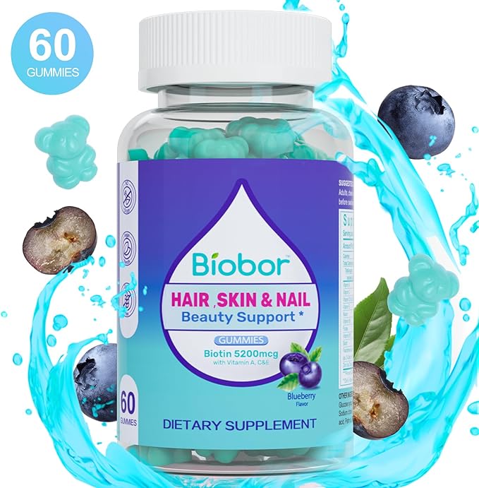 Hair Skin and Nails Vitamins Gummies,5200 mcg Biotin Vegan Chewable Supplement for Women Men with Vitamins A C D E, Blueberry Flavored, 60 Count (Random Packing)
