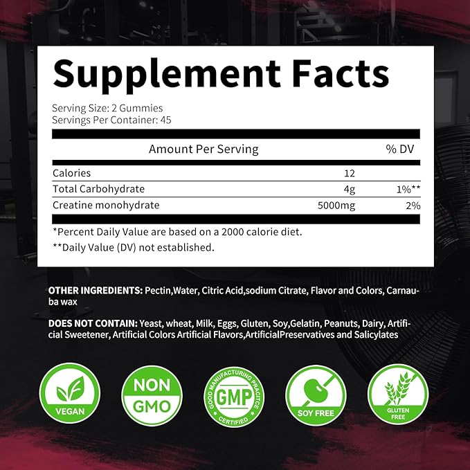 ElevateLife Creatine Monohydrate Gummies 5000mg for Men & Women, Chewables Creatine Monohydrate for Muscle Strength, Muscle Builder, Energy Boost, Pre-Workout Supplement-90 Peach Gummies