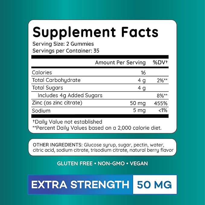 Zinc Gummies 50 mg, Daily Support, Immune System*, Enzyme Functions*, Natural Energy* - 210 Gummies, 105 Day Supply (3-Pack)