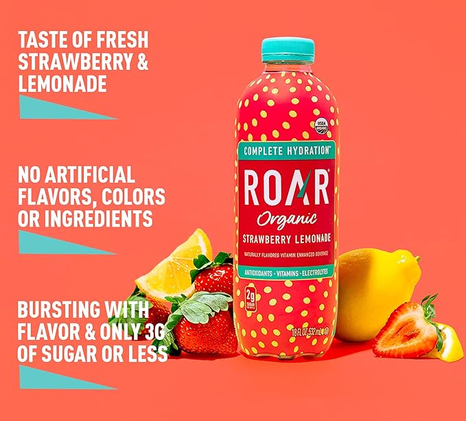 ROAR Complete Hydration Organic - Electrolyte Drinks Loaded with Vitamins C, B5, B12 - Non-GMO, Gluten-Free - Strawberry Lemonade - 12 pc