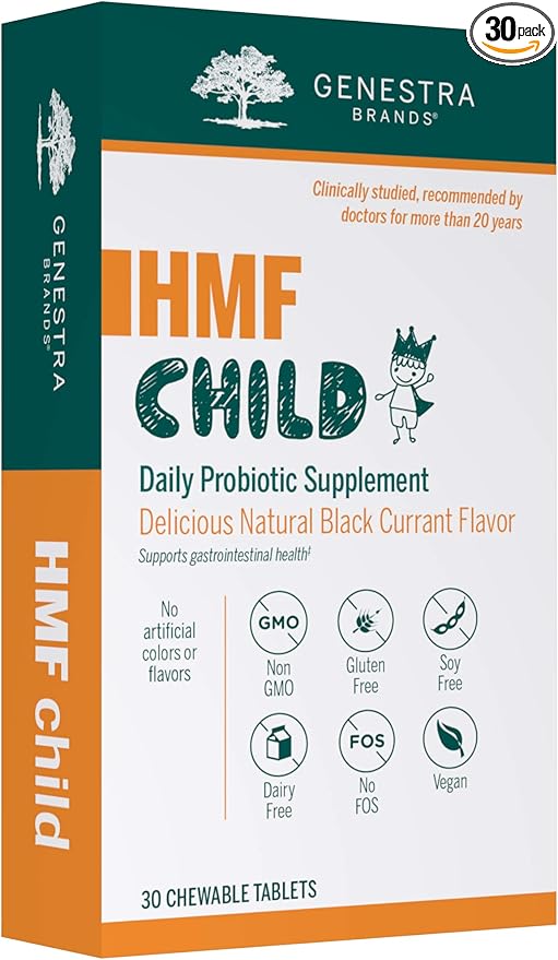 Genestra Brands HMF Child | Probiotic Formula to Support Healthy Gut Flora | 30 Chewable Tablets | Blackcurrant Flavor