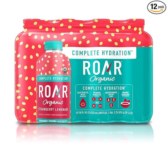 ROAR Complete Hydration Organic - Electrolyte Drinks Loaded with Vitamins C, B5, B12 - Non-GMO, Gluten-Free - Strawberry Lemonade - 12 pc