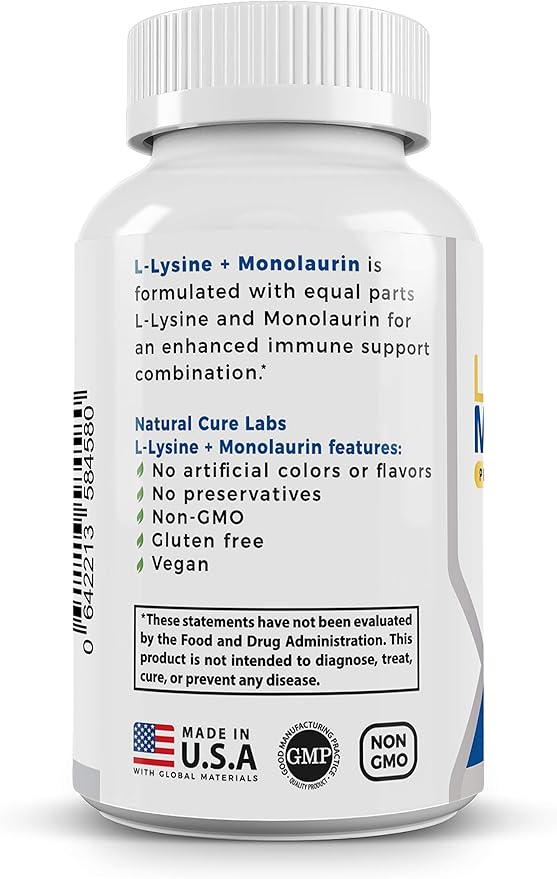 L-Lysine + Monolaurin 600mg 1:1 Ratio, 100 Capsules