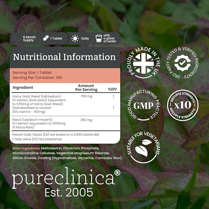 pureclinica 10X Horny Goat Weed Extract (3750mg) Maca Extract (2500mg) x 1080 Tablets (6 Bottles of 180) -10 X More Icariins and Maca