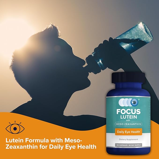 Focus Lutein for Eyes with Meso-Zeaxanthin, Eye Vitamin Supplement, 60 Count, 60 Day Supply, Daily Vision Support for Digital Screens, Bright Lights, Sunlight, Vegan and Sugar-Free, Made in USA