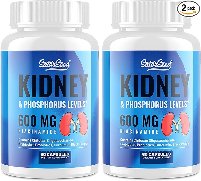 Kidney Support Supplement – Kidney Cleanse Detox with 600mg Niacinamide & Chitosan Oligosaccharides – Phosphorus-Conscious Formula – Vegetarian Capsules for Adults – 2 Bottles