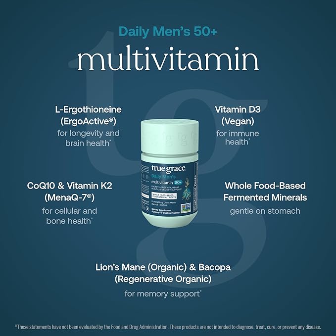 True Grace Daily Men’s Multivitamin 50+ - 60 Easy-to-Swallow Tablets - Immune, Energy, Longevity & Memory Support - Gluten Free, Soy Free, Vegan - 30 Servings