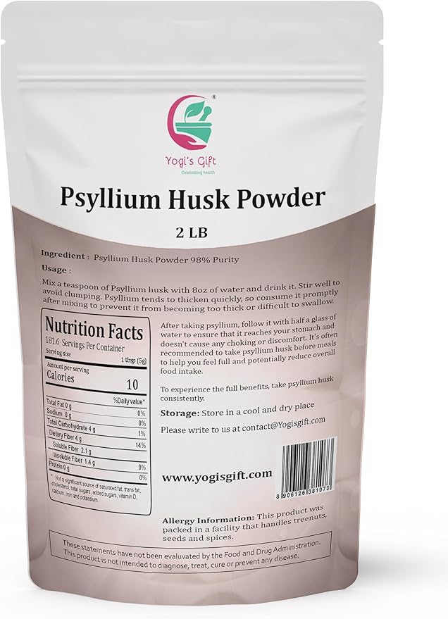 Psyllium Husk Powder 2 lb (32Oz) 98% Purity, Premium Quality, Use for Baking, Cooking and Beverages, 100% Natural Fine Ground, Non GMO by Yogi's Gift®