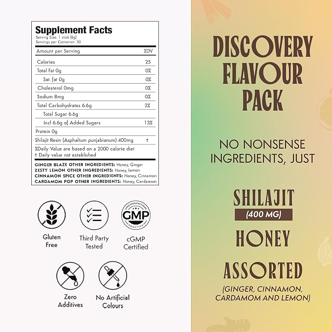 Pure Himalayan Shilajit Sticks with Honey | Discovery Set - Cardamom, Cinnamon, Ginger, Lemon | On-The-Go Natural Energy | 75%+ Fulvic Acid | 85+ Trace Minerals for Men & Women, Pack of 16