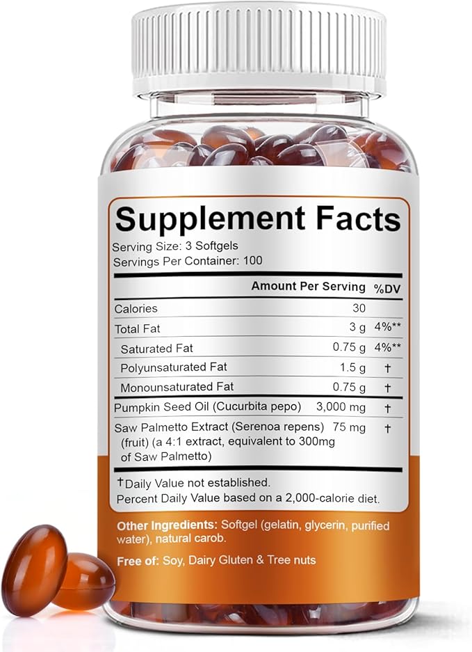 Pumpkin Seed Oil with Saw Palmetto Softgels, 3000mg Per Serving, 300/600 Softgels | Cold-Pressed with Essential Fatty Acids & Phytosterols | Supports Hair, Urinary, Bladder & Prostate Health | Non-GMO