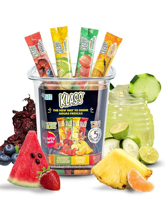 Klass Aguas Frescas Powdered Drink Mix | 44 Sugar Free Powder Packets | Flavors - Cucumber Limeade Pineapple Tangerine Strawberry Watermelon & Hibiscus Berries - Water Enhancer To Go!