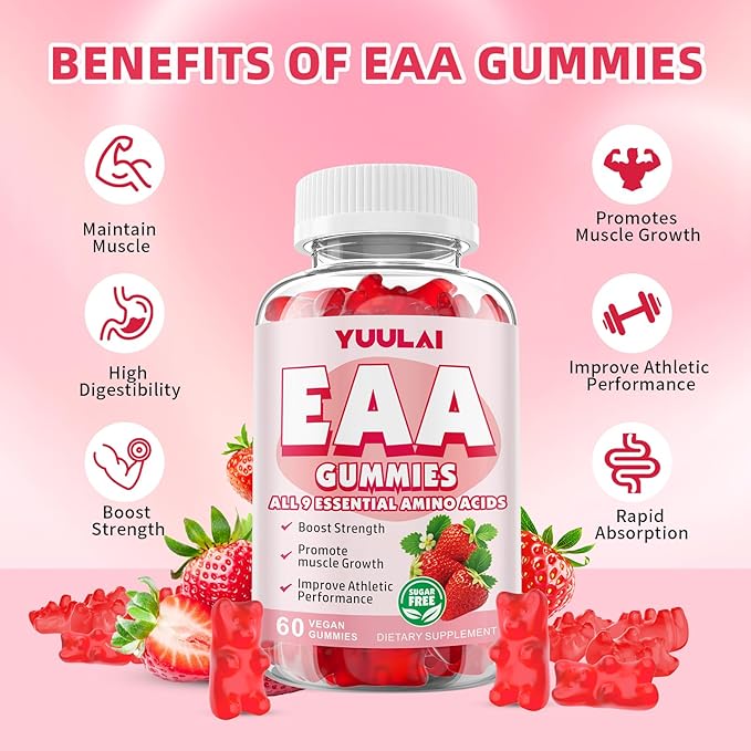 EAA Gummies Essential Amino Acids - All 9 Essential Aminos (EAA) and All Branched-Chain Aminos (BCAAs) for Muscle Recovery, Energy Support, Strawberry Flavor, 60 Count