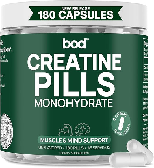 BOD Creatine Monohydrate Pills for Muscle Support, Vegan Pre or Post-Workout Creatine Capsules for Women and Men, 5g Micronized & Instantized, Creatina Monohidratada, 180 Capsules
