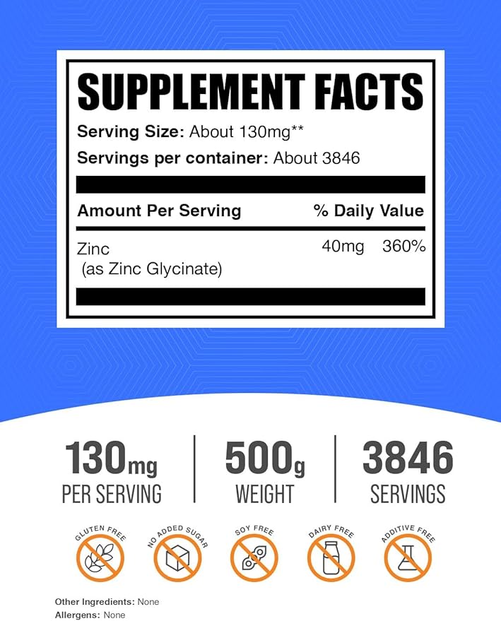 BulkSupplements.com Zinc Glycinate Powder - Zinc Supplement, Mineral Supplement for Immune Support - Gluten Free, 130mg per Serving, 500g (1.1 lbs) (Pack of 1)