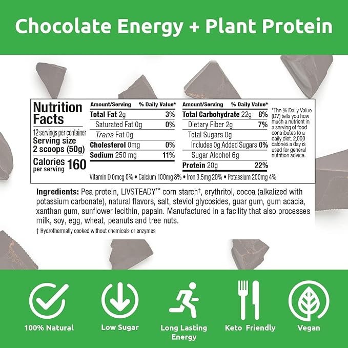 UCAN Energy + Plant Protein Powder - Vegan Plant Based Protein 20g Pea Protein with Amino Acids EAAs & BCCAs - Keto Protein Powder - No Added Sugar, Gluten-Free - Chocolate -12 Servings