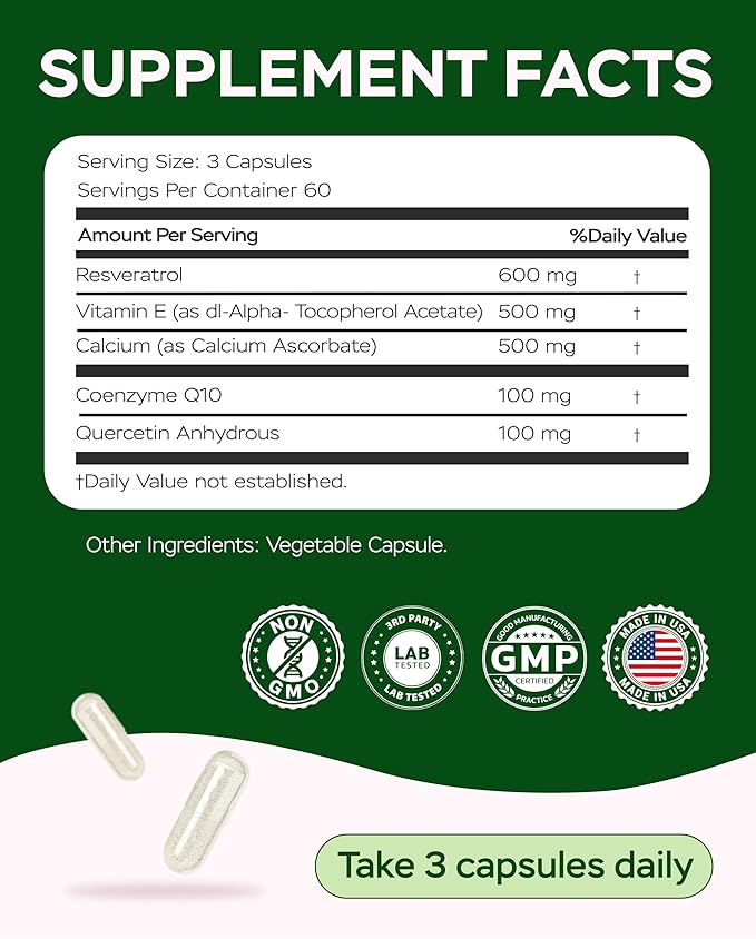 Resveratrol Supplement 1800mg Complex - COQ10, Quercetin, Vitamin E, Vitamin C - Powerful Antioxidant Formula for Enhanced Energy, Heart Health & Healthy-Aging Support Trans Resveratrol 180 Capsules