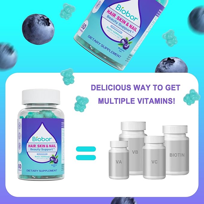 Hair Skin and Nails Vitamins Gummies,5200 mcg Biotin Vegan Chewable Supplement for Women Men with Vitamins A C D E, Blueberry Flavored, 60 Count (Random Packing)