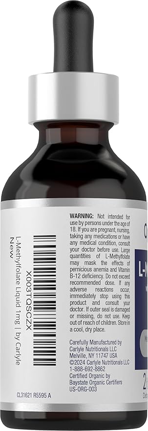 Carlyle L-Methylfolate Drops 1mg | 2 Fl Oz | with Organic Glycerin | Liquid Sublingual Supplement | Fruit Punch Flavor | Vegetarian, Non-GMO