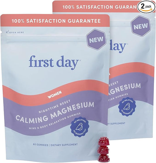 FIRST DAY Women’s Nighttime Reset Calming Magnesium Gummies – Sleep Aid Supports Peaceful Rest, Balanced Mood & Energy – Supplement with Magnesium Citrate, L-Theanine & No Melatonin – 60-Day Supply
