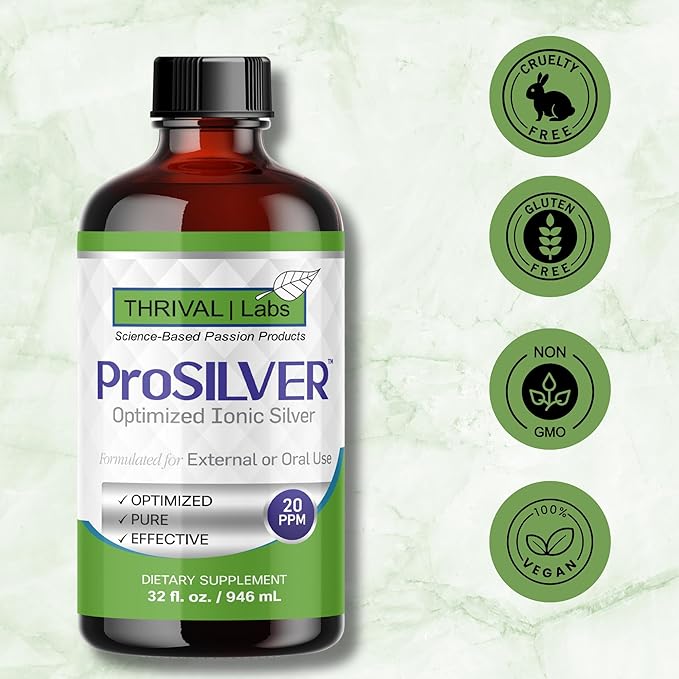 Ionic Colloidal Silver Liquid 20 PPM Bio Active for Immune Support Glass Bottle 64oz 384 Servings Organic Supplement