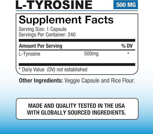 Puregen Labs L-Tyrosine 500 mg, 240 Vegetable Capsules | No Harmful Additives | Brain & Nervous System Support, Non-GMO, Vegan, Gluten Free, Dairy Free - 240 Servings - Made in USA