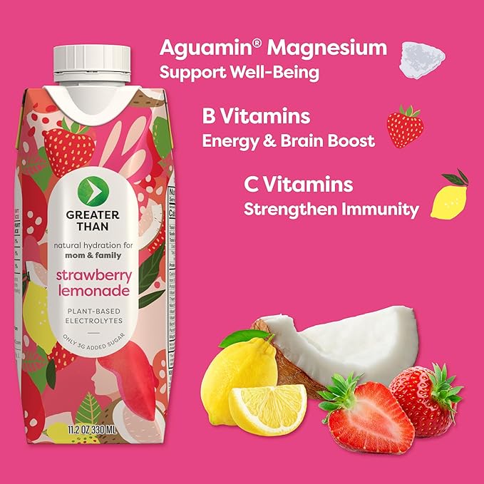 Greater Than Lactation Supplement Support, Coconut Water, Vitamins & Electrolyte Drink for Breastfeeding, Breast Milk & Immune Support, Variety Pack & Strawberry Lemonade (20 Pack)