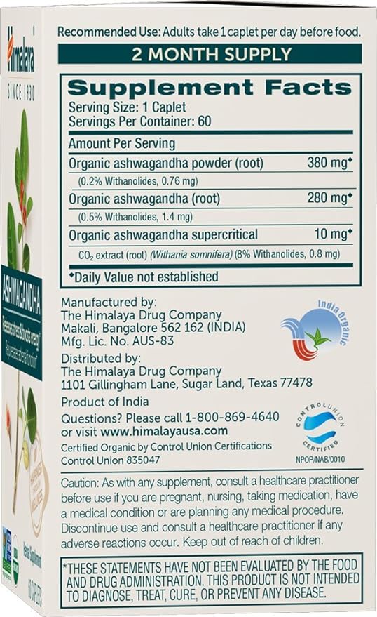 Himalaya Organic Ashwagandha Root, 120 Day Supply - Herbal Adrenal Support Supplements for Stress Relief and Energy Support - USDA Organic, Non-GMO, Vegan, Gluten Free, 670 mg, 120 Caplets