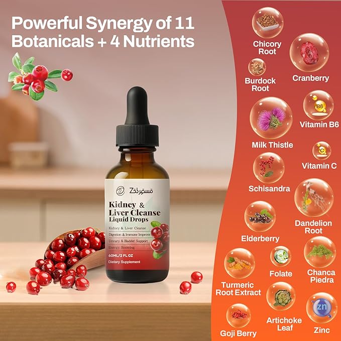 Kidney Cleanse Drops with Cranberry Extract, Milk Thistle, Chanca Piedra & Artichoke - Herbal Supplement for Liver Kidney Detox & Urinary Tract Support, 60ml
