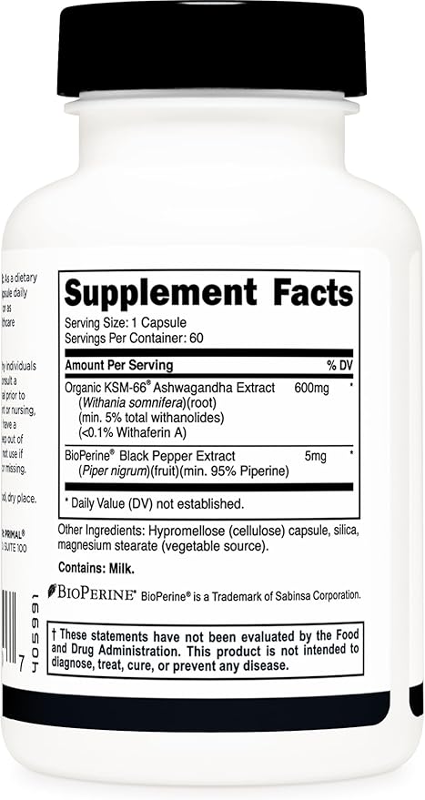 Primal KSM-66 Ashwagandha Complex (60 Capsules / 60 Servings, 600 mg Per Serving) - KSM-66 Ashwagandha with Black Pepper Extract, Gluten Free, Non-GMO