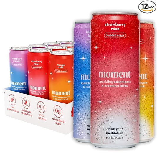 Moment Botanical Soda Soft Drink (Shark Tank) - SPARKLING Drinks | Fruity Fun | L-Theanine & Ashwagandha for Calm & Clarity | 0 Added Sugar 0 Caffeine | 12-pack