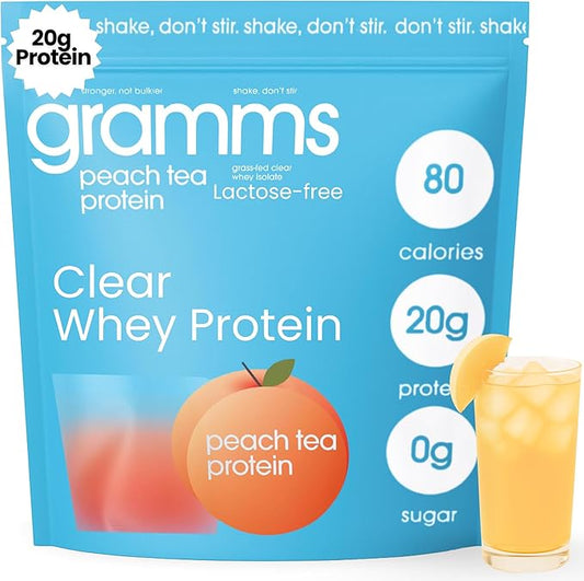 GRAMMS Clear Protein Powder, Peach Tea | 20g Protein Grass-Fed Whey Isolate, Zero Sugar, Zero Lactose, Non-Bloating, Non-GMO, Protein for Women & Men (18 Servings)