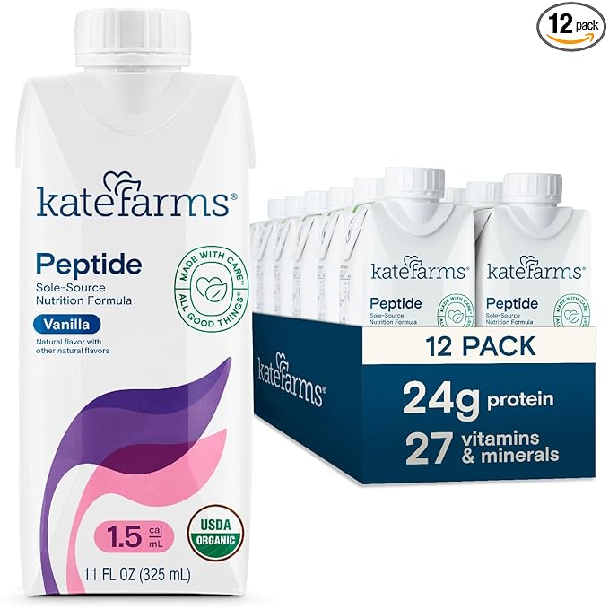 KATE FARMS Organic Adult Peptide 1.5 Formula, Vanilla, Sole-Source, Hydrolyzed Plant-Based Nutrition for Oral or Tube Feeding, 11 Fl oz (12 Pack)