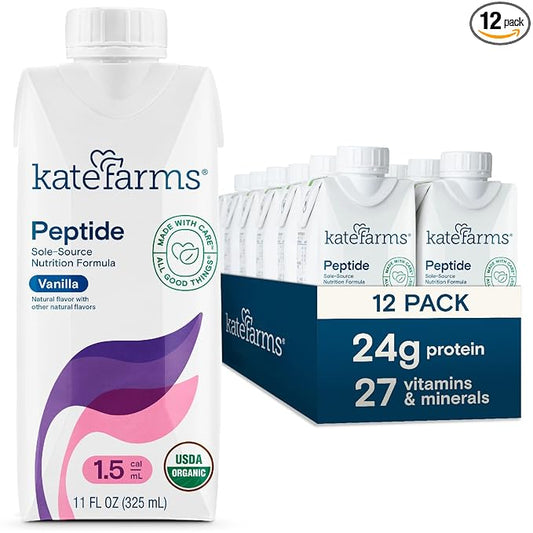 KATE FARMS Organic Adult Peptide 1.5 Formula, Vanilla, Sole-Source, Hydrolyzed Plant-Based Nutrition for Oral or Tube Feeding, 11 Fl oz (12 Pack)
