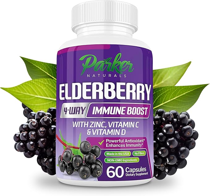 Organic Elderberry Capsules, 4-Way Immune Boost Elderberries, Vitamins C, D & Zinc Support, 1260.1 mg Elderberry Supplements for Adults, 60 Capsules