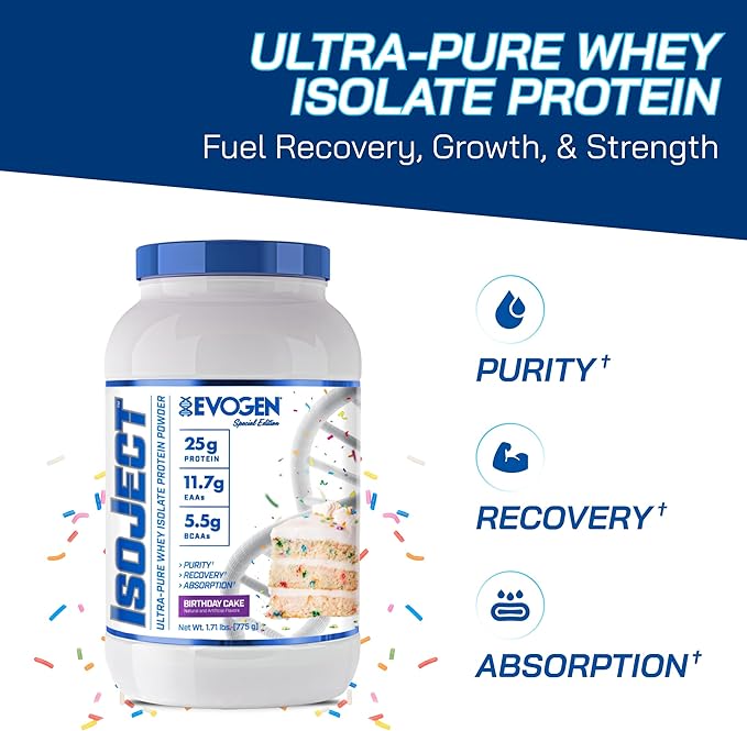Evogen Isoject - Whey Protein Isolate | Ultra-Pure Whey Protein Powder with Ignitor Enzymes, BCAAs, and EAAs | Enhanced Absorption & Recovery | Birthday Cake | 25 Servings