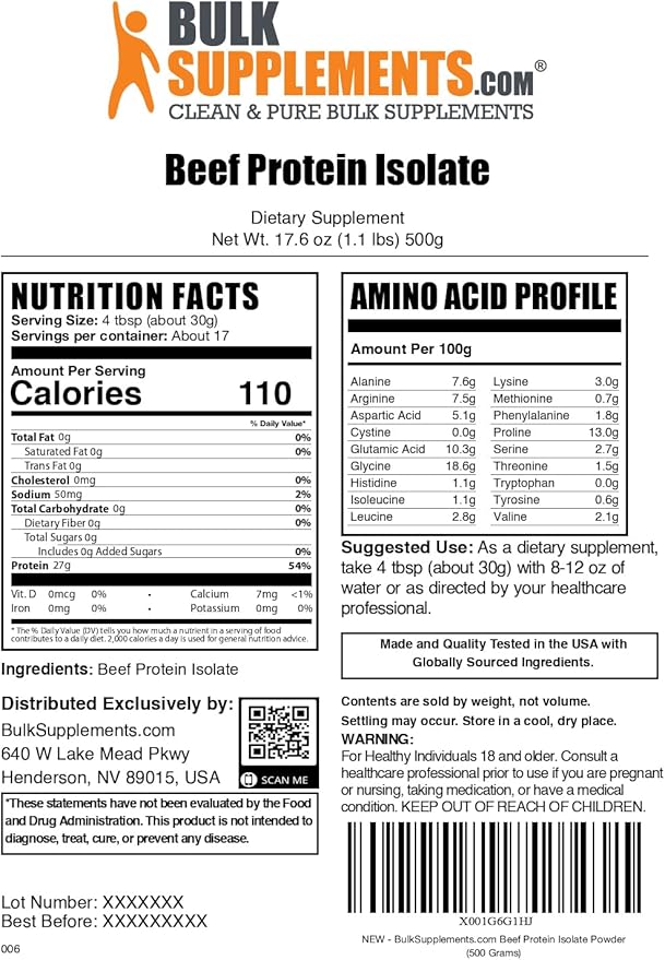BulkSupplements.com Beef Protein Isolate Powder - Lactose Free Protein Powder, Beef Protein Powder - Unflavored & Gluten Free, 30g per Serving, 500g (1.1 lbs) (Pack of 1)