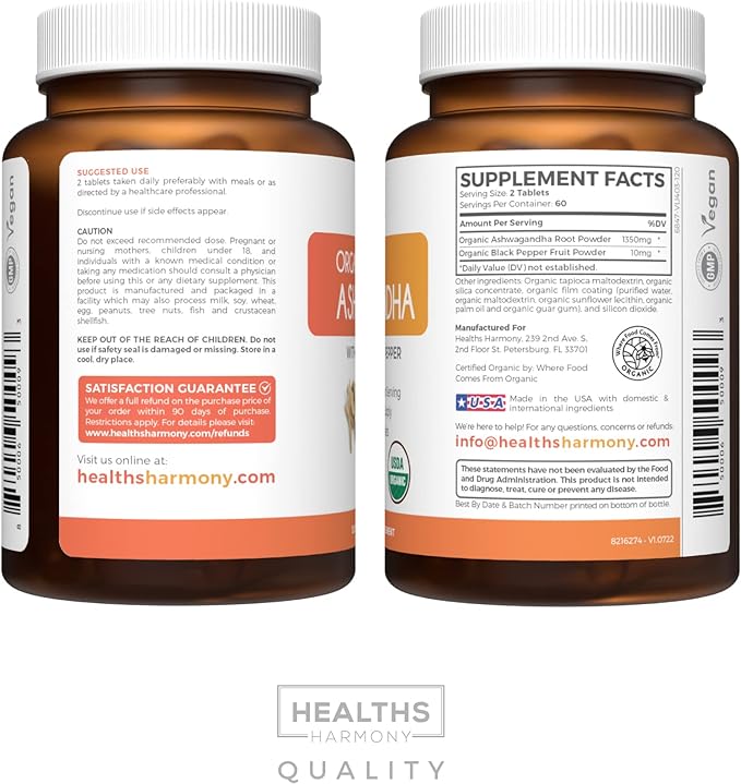 USDA Organic Ashwagandha Supplement - High Potency Ashwagandha Pills Made With Organic Black Pepper for Enhanced Absorption - Vegan Non-GMO Made in the USA & Lab Verified (2 Months Supply)