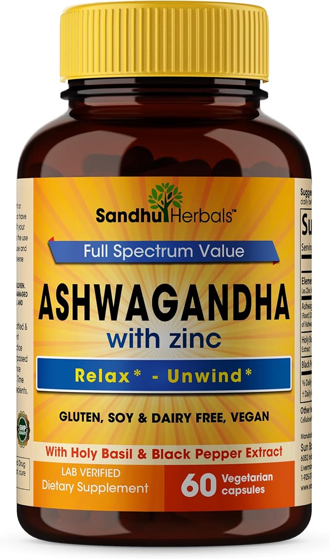 Sandhu Herbals Ashwagandha Supplement | 60 Organic 4 in 1 Capsules, 1 Month Supply | with Zinc, Black Pepper and Holy Basil Extract | Supports Immune Health | Non-GMO