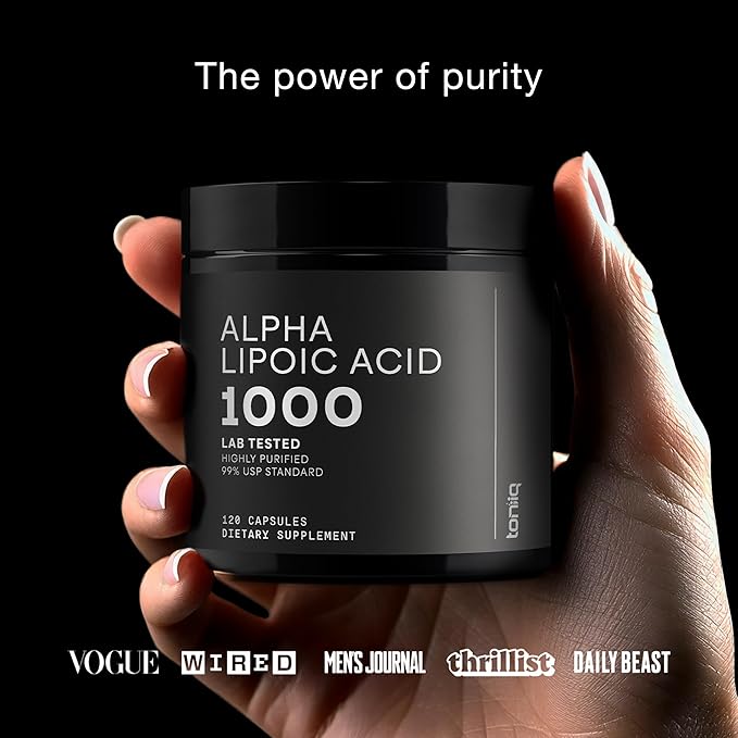 Toniiq 1000mg Ultra High Strength Alpha Lipoic Acid Capsules - Highly Purified 99%+ USP Standard - 120 Capsules ALA Supplement