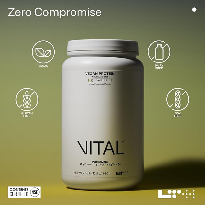Vital Vegan Protein - Trusted by Life Time Fitness Members - Plant-Based Protein Powder Made from Pea Protein - Supports a Healthy Immune System - Dairy Free & Soy Free - Vanilla, 30 Servings