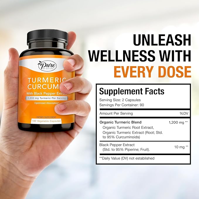 Pure By Nature Turmeric Curcumin with Black Pepper Extract 10 mg Capsules, 1200 mg per Serving, Organic, High Absorption Antioxidant Support (180 Count)